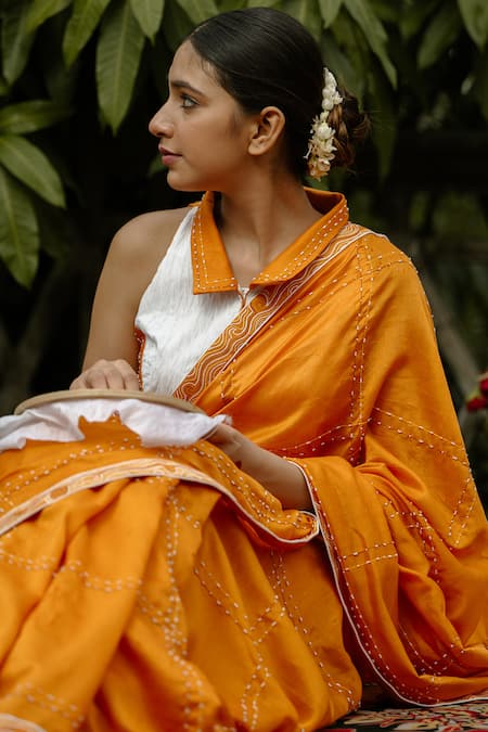 Shop_Tilsim By Sagarika Mehrotra_White Chanderi, Chiffon Embroidery Collared Graph Square Saree And Blouse _Online_at_Aza_Fashions