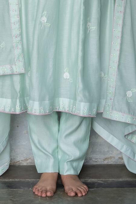 Buy_Tilsim By Sagarika Mehrotra_Green Chanderi, Cotton Embroidery Boat Neck Phool Anarkali Set _Online_at_Aza_Fashions