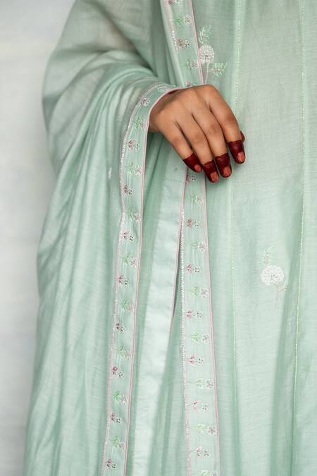 Shop_Tilsim By Sagarika Mehrotra_Green Chanderi, Cotton Embroidery Boat Neck Phool Anarkali Set _Online_at_Aza_Fashions