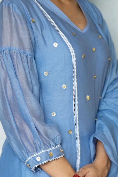 Tilsim By Sagarika Mehrotra_Blue Chanderi Lace, Beads V-neck Embroidered Kurta Set _Online_at_Aza_Fashions