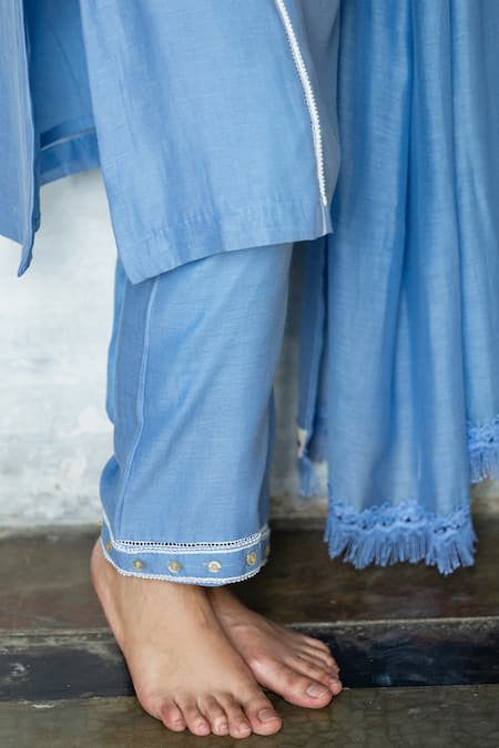 Buy_Tilsim By Sagarika Mehrotra_Blue Chanderi Lace, Beads V-neck Embroidered Kurta Set _Online_at_Aza_Fashions