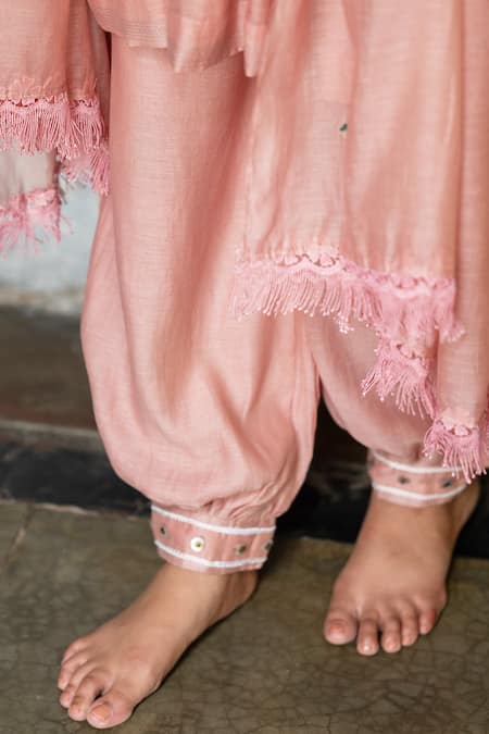 Tilsim By Sagarika Mehrotra_Pink Mul Chanderi Lace, Button V Neck Paakhi And Embroidered Anarkali Set _Online_at_Aza_Fashions