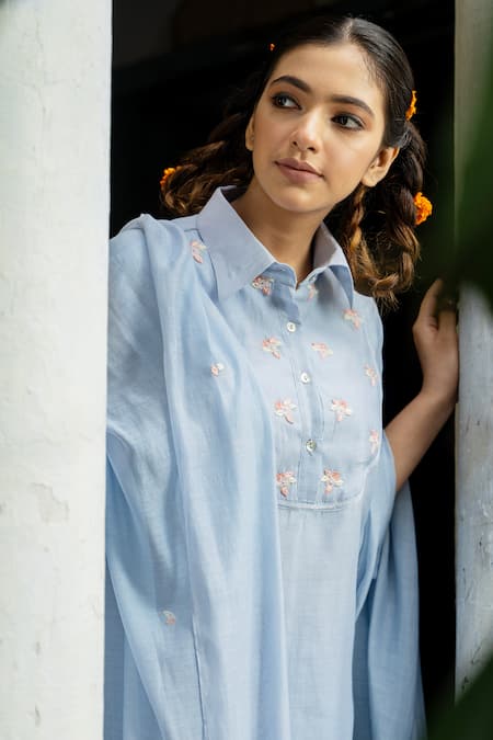 Buy_Tilsim By Sagarika Mehrotra_Blue Kota Doria, Chanderi Embroidery, Lace Collared Bloom Motif Kurta Set _Online_at_Aza_Fashions