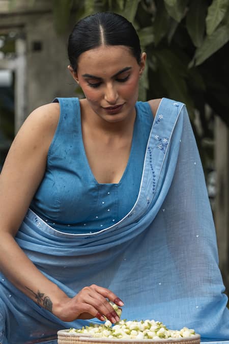 Tilsim By Sagarika Mehrotra_Blue Chanderi, Denim Embroidery Open Neck Ditsy Bloom Border Saree With Blouse _Online_at_Aza_Fashions