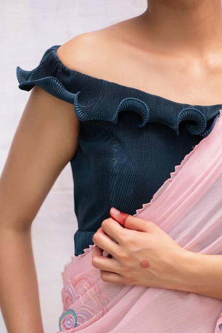 Tilsim By Sagarika Mehrotra_Blue Satin, Chiffon Embroidery Off-shoulder Rose Bloom Saree And Blouse Set _Online_at_Aza_Fashions