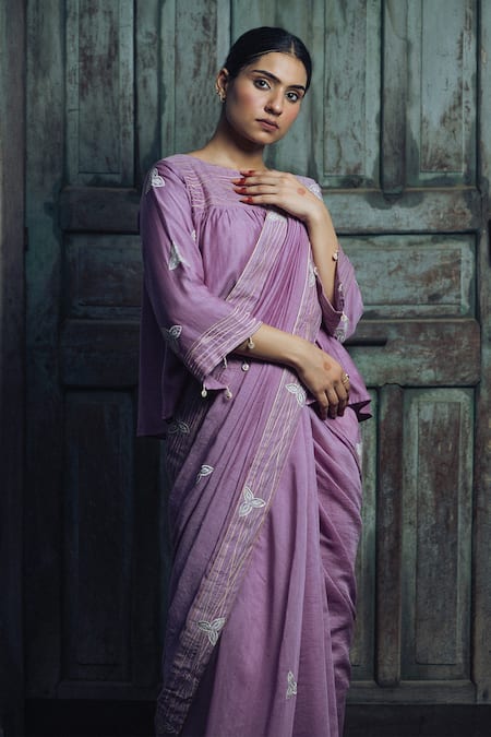 Buy_Tilsim By Sagarika Mehrotra_Purple Organza, Mul Chanderi Floral Vaidehi Embroidered Saree With Blouse _Online_at_Aza_Fashions