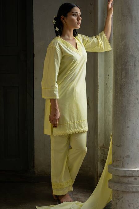 Tilsim By Sagarika Mehrotra_Yellow Cotton Lace V-neck Embellished Kurta Pant Set _Online_at_Aza_Fashions