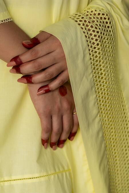 Buy_Tilsim By Sagarika Mehrotra_Yellow Cotton Lace V-neck Embellished Kurta Pant Set _Online_at_Aza_Fashions