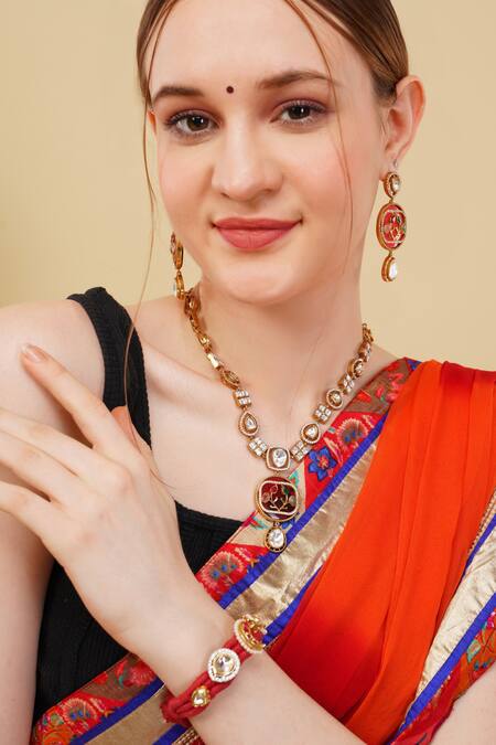 Buy_Dugran By Dugristyle_Red Pearls, Stones Surkh-e-gul Kundan Bracelet _Online_at_Aza_Fashions