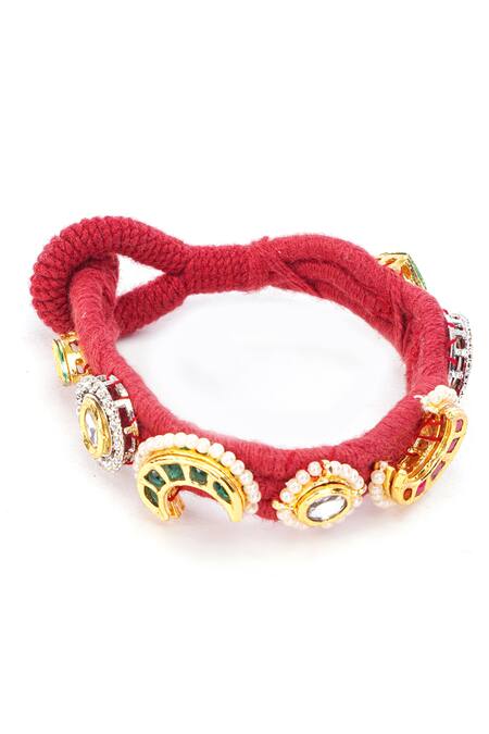 Shop_Dugran By Dugristyle_Red Pearls, Stones Surkh-e-gul Kundan Bracelet _Online_at_Aza_Fashions