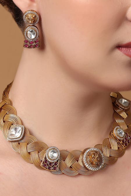 Dugran By Dugristyle_Gold Plated Pearls, Natural Stones, American Diamond, Khoon-e-surkh Necklace Set_Online_at_Aza_Fashions