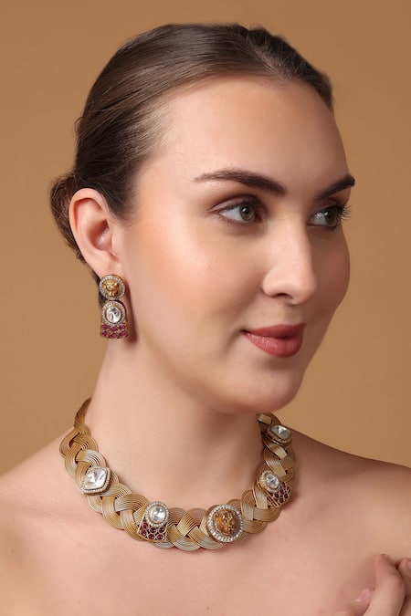 Buy_Dugran By Dugristyle_Gold Plated Pearls, Natural Stones, American Diamond, Khoon-e-surkh Necklace Set_Online_at_Aza_Fashions