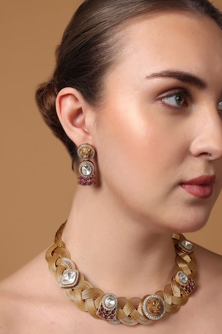 Shop_Dugran By Dugristyle_Gold Plated Pearls, Natural Stones, American Diamond, Khoon-e-surkh Necklace Set_Online_at_Aza_Fashions