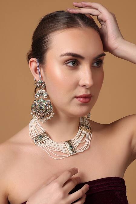 Shop_Dugran By Dugristyle_Blue Gold Plated Moissanite Choker Necklace _Online_at_Aza_Fashions