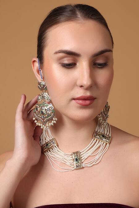 Dugran By Dugristyle_Blue Gold Plated Moissanite Choker Necklace _at_Aza_Fashions