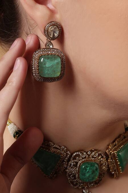 Buy_Dugran By Dugristyle_Gold Plated Natural Stones, American Diamond, Bagh Embellished Necklace Set_Online_at_Aza_Fashions