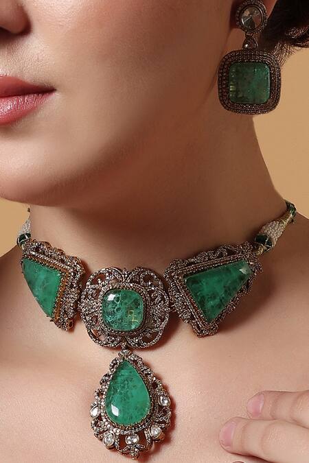 Shop_Dugran By Dugristyle_Gold Plated Natural Stones, American Diamond, Bagh Embellished Necklace Set_Online_at_Aza_Fashions