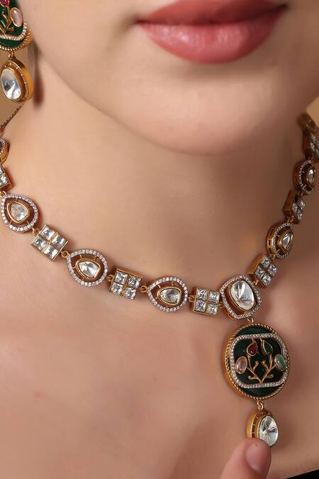 Buy_Dugran By Dugristyle_Gold Plated Natural Stones, American Diamond, Sabz Embellished Necklace Set _Online_at_Aza_Fashions