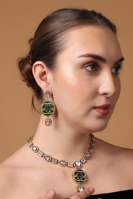 Shop_Dugran By Dugristyle_Gold Plated Natural Stones, American Diamond, Sabz Embellished Necklace Set _Online_at_Aza_Fashions
