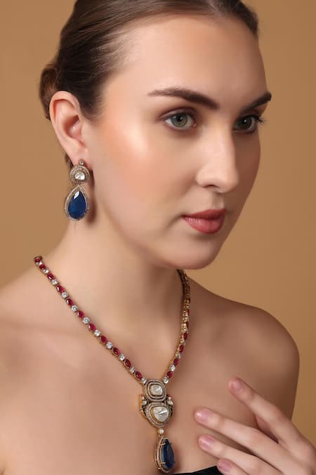 Dugran By Dugristyle_Blue Diamonds, Stones Moissanite Pendant Necklace Set _Online_at_Aza_Fashions