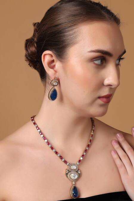 Buy_Dugran By Dugristyle_Blue Diamonds, Stones Moissanite Pendant Necklace Set _Online_at_Aza_Fashions