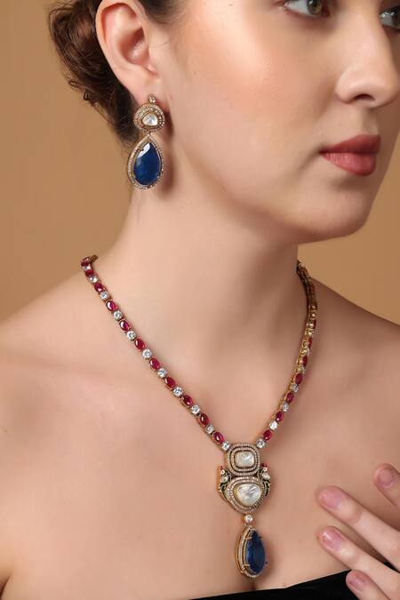 Dugran By Dugristyle_Blue Diamonds, Stones Moissanite Pendant Necklace Set _at_Aza_Fashions