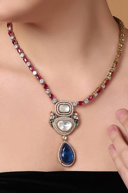 Buy_Dugran By Dugristyle_Blue Diamonds, Stones Moissanite Pendant Necklace Set 