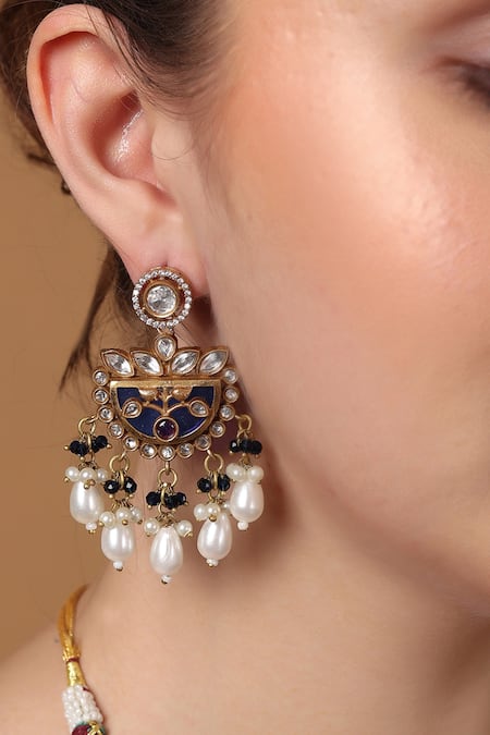 Dugran By Dugristyle_Blue Pearls, Crystals, Stones Crescent Moissanite Pendant Necklace Set _Online_at_Aza_Fashions