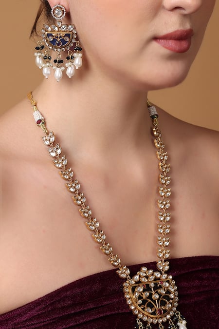 Buy_Dugran By Dugristyle_Blue Pearls, Crystals, Stones Crescent Moissanite Pendant Necklace Set _Online_at_Aza_Fashions