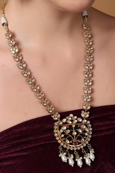 Shop_Dugran By Dugristyle_Blue Pearls, Crystals, Stones Crescent Moissanite Pendant Necklace Set _Online_at_Aza_Fashions