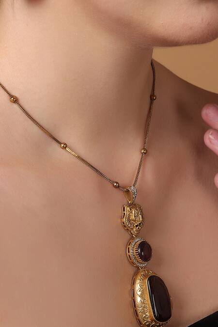 Buy_Dugran By Dugristyle_Gold Plated Stones Designer Tiger Pendant Necklace Set _Online_at_Aza_Fashions