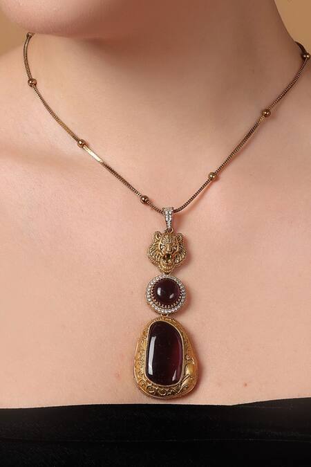 Shop_Dugran By Dugristyle_Gold Plated Stones Designer Tiger Pendant Necklace Set _Online_at_Aza_Fashions