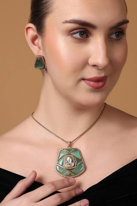 Shop_Dugran By Dugristyle_Gold Plated Pearls, Natural Stones, Sabzratna Prism Pendant Necklace Set _Online_at_Aza_Fashions