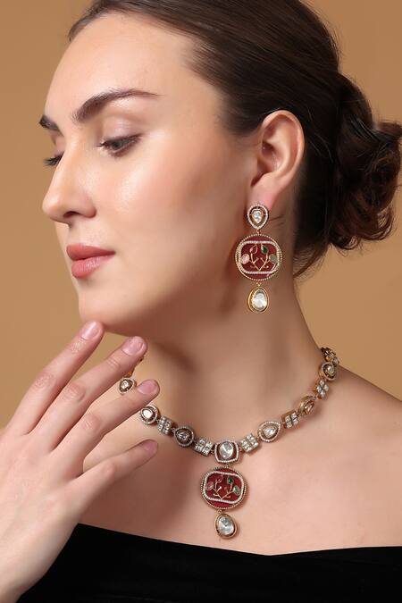 Shop_Dugran By Dugristyle_Gold Plated Pearls Bloom Vine Necklace Set _Online_at_Aza_Fashions