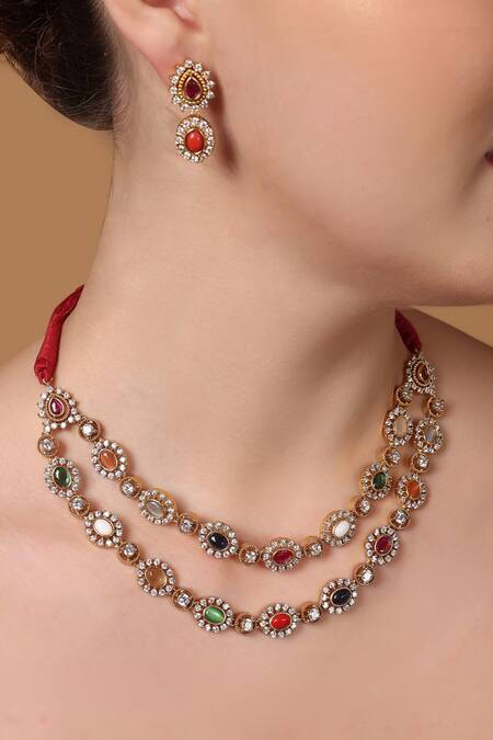 Buy_Dugran By Dugristyle_Multi Color Pearls, Natural Stones, American Diamond, Laal-e-yaqoot Necklace Set _Online_at_Aza_Fashions