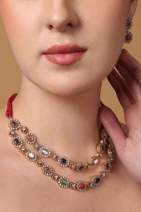 Shop_Dugran By Dugristyle_Multi Color Pearls, Natural Stones, American Diamond, Laal-e-yaqoot Necklace Set _Online_at_Aza_Fashions