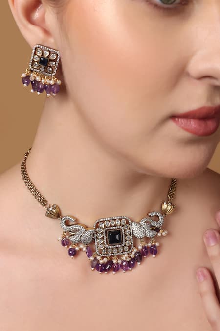 Buy_Dugran By Dugristyle_Multi Color Pearls, Natural Jamuni Elephant Crest Design Choker Necklace Set _Online_at_Aza_Fashions