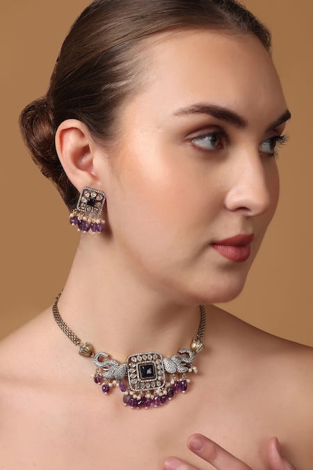 Shop_Dugran By Dugristyle_Multi Color Pearls, Natural Jamuni Elephant Crest Design Choker Necklace Set _Online_at_Aza_Fashions