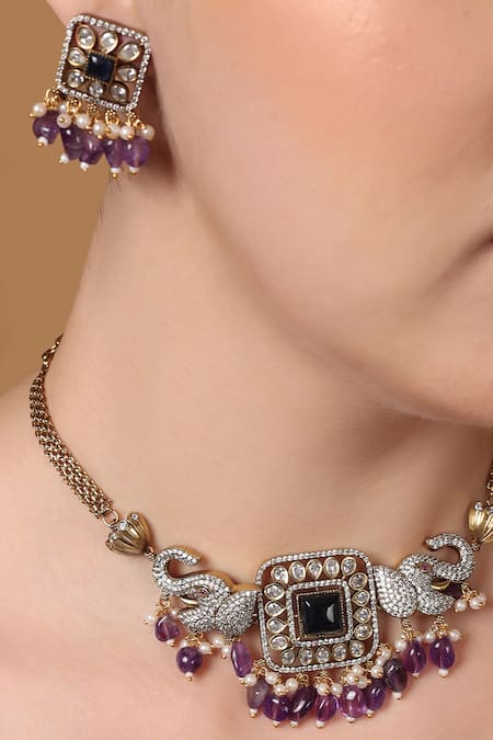 Dugran By Dugristyle_Multi Color Pearls, Natural Jamuni Elephant Crest Design Choker Necklace Set _at_Aza_Fashions