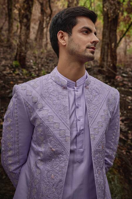 Varun Chakkilam_Purple Pant Lycra, Jacket And Kurta Twill Silk Wisteria Embroidered & Set _Online_at_Aza_Fashions