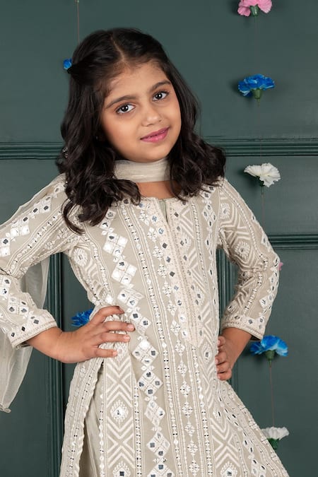 Shruti Jalan_Beige Georgette, , Satin Mirrors, Embroidery Kurta Palazzo Set _Online_at_Aza_Fashions