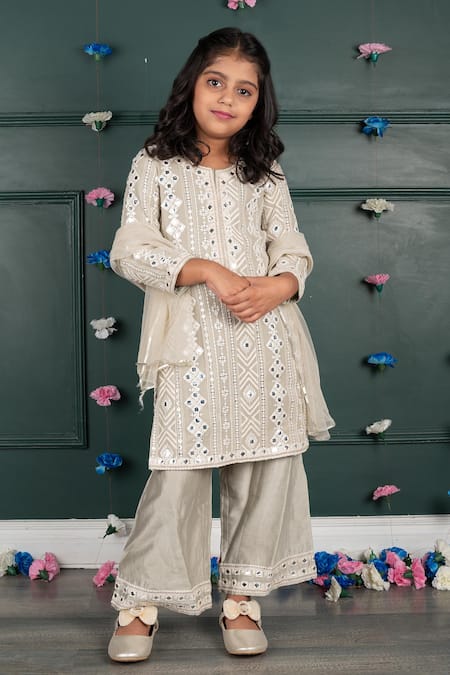 Shop_Shruti Jalan_Beige Georgette, , Satin Mirrors, Embroidery Kurta Palazzo Set _Online_at_Aza_Fashions