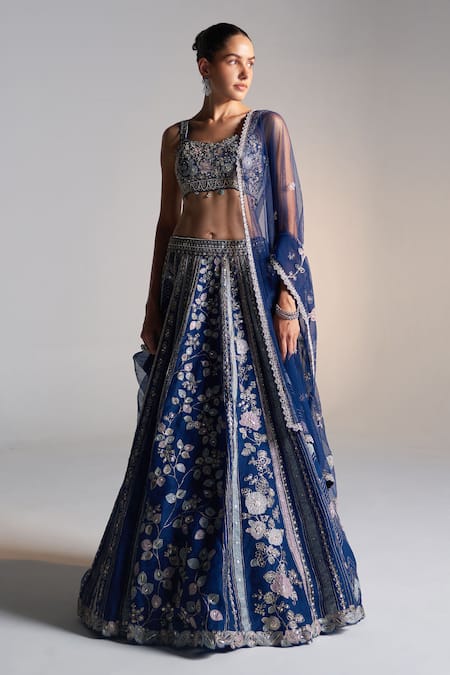Osaa By Adarsh_Blue Organza Sequins, Applique, Embroidery Floral Vine Zardozi Lehenga Set_Online_at_Aza_Fashions