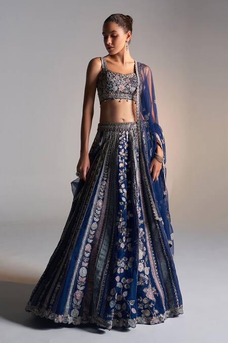 Buy_Osaa By Adarsh_Blue Organza Sequins, Applique, Embroidery Floral Vine Zardozi Lehenga Set_Online_at_Aza_Fashions