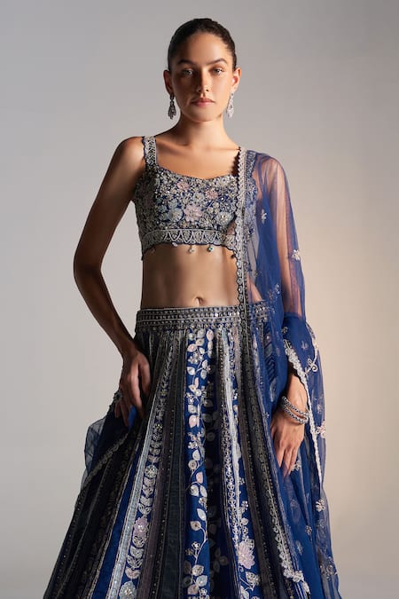 Shop_Osaa By Adarsh_Blue Organza Sequins, Applique, Embroidery Floral Vine Zardozi Lehenga Set_Online_at_Aza_Fashions
