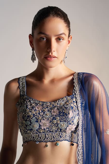 Osaa By Adarsh_Blue Organza Sequins, Applique, Embroidery Floral Vine Zardozi Lehenga Set_at_Aza_Fashions