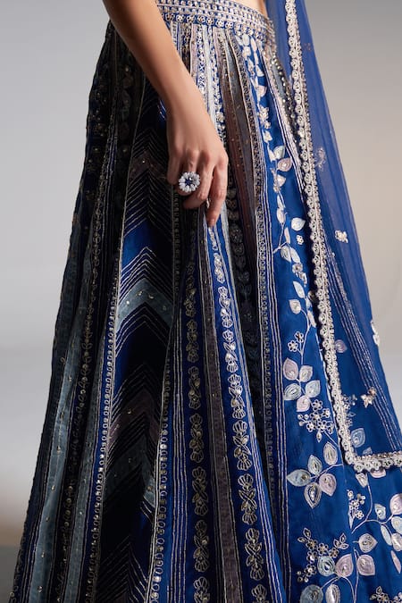 Buy_Osaa By Adarsh_Blue Organza Sequins, Applique, Embroidery Floral Vine Zardozi Lehenga Set
