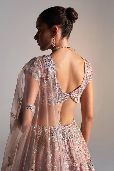 Osaa By Adarsh_Pink Organza Sequins, Applique Asymmetric Floral Zardozi Embroidered Lehenga Set _Online_at_Aza_Fashions
