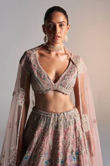 Buy_Osaa By Adarsh_Pink Organza Sequins, Applique Asymmetric Floral Zardozi Embroidered Lehenga Set _Online_at_Aza_Fashions