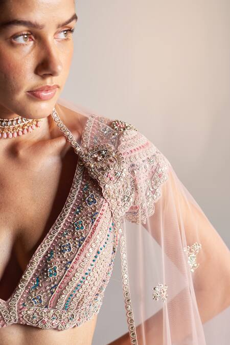 Shop_Osaa By Adarsh_Pink Organza Sequins, Applique Asymmetric Floral Zardozi Embroidered Lehenga Set _Online_at_Aza_Fashions